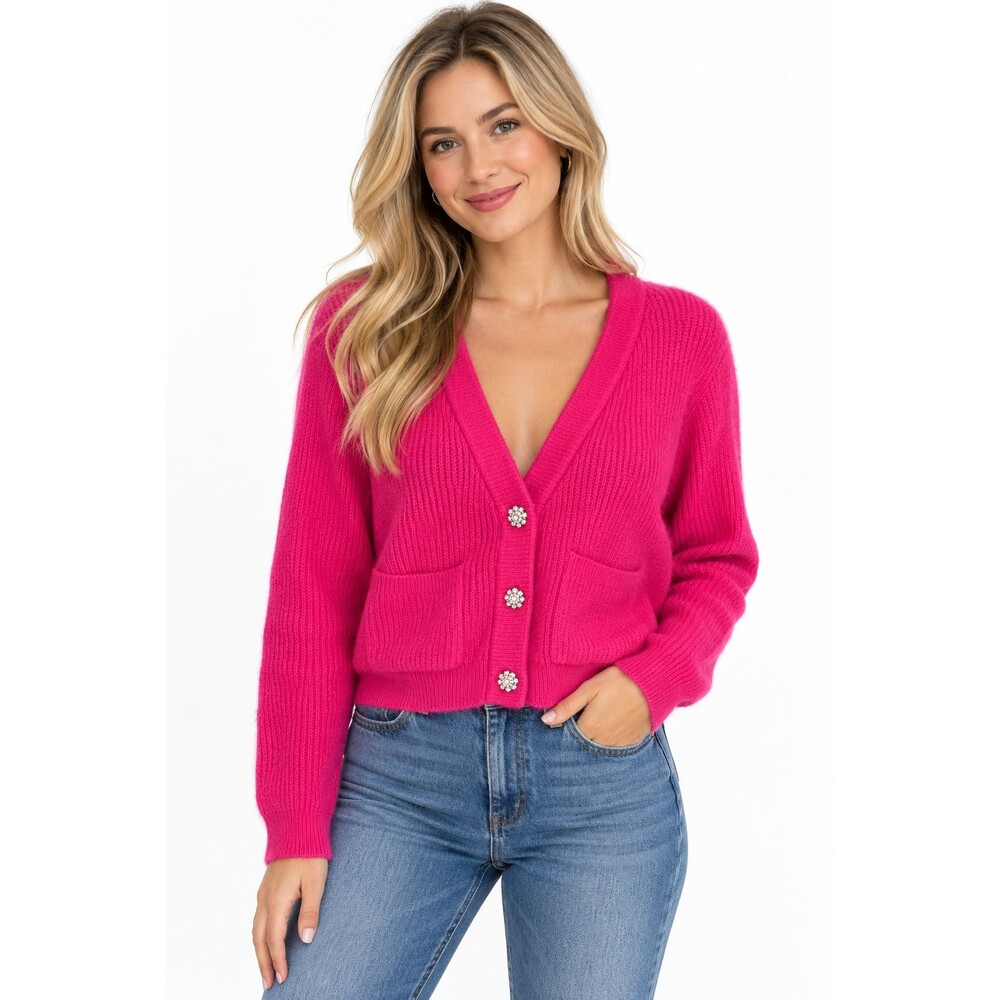 GANNI Cardigan Sweater Wool Alpaca Bubblegum Pink Rhinestone Jeweled Buttons